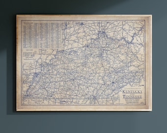 Kentucky and Tennessee map, Vintage Kentucky and Tennessee map, blueprint map, Kentucky and Tennessee historic map, old map gift, home state
