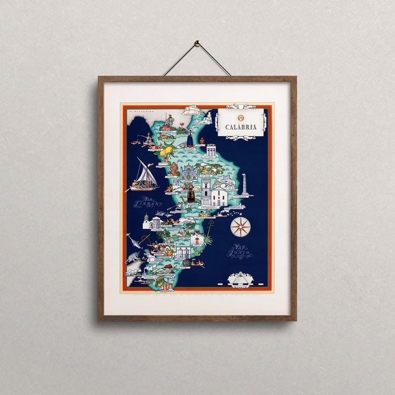 Mapa Kalabrii w stylu vintage, Włochy w wersji ilustrowanej (8x10 lub 16x20 cali) zdjęcie 3