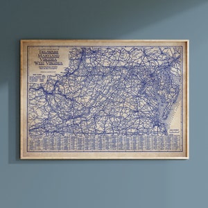 Delaware, Maryland, Virginia, West Virginia map, Vintage state map, old blueprint map, gift for map lover, horizontal vintage map, old map