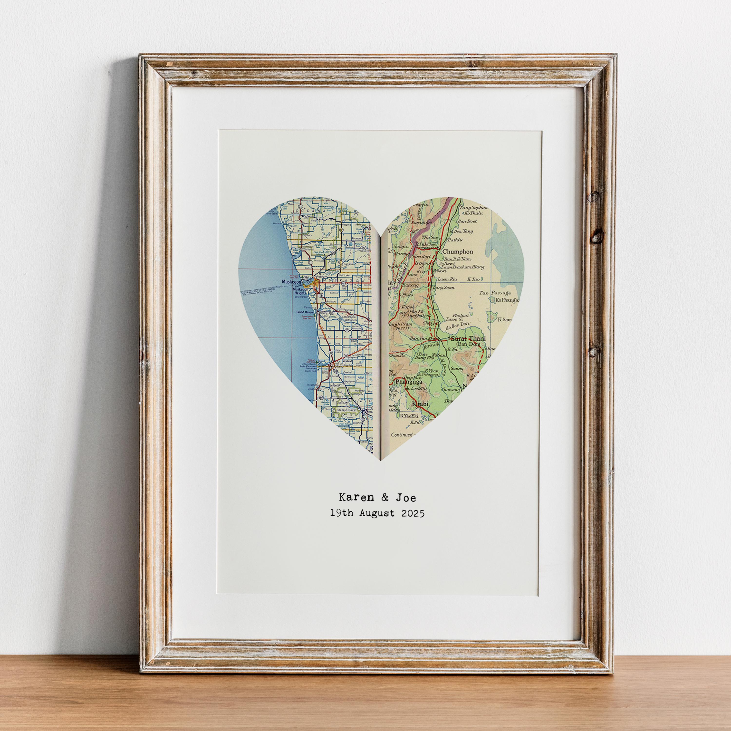 Personalized Heart Map Print: Custom Two Location Vintage Maps - Etsy