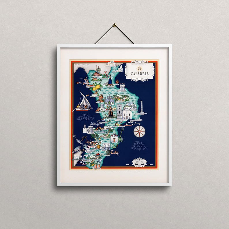 Mapa Kalabrii w stylu vintage, Włochy w wersji ilustrowanej (8x10 lub 16x20 cali) zdjęcie 4