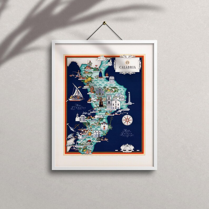 Mapa Kalabrii w stylu vintage, Włochy w wersji ilustrowanej (8x10 lub 16x20 cali) zdjęcie 5