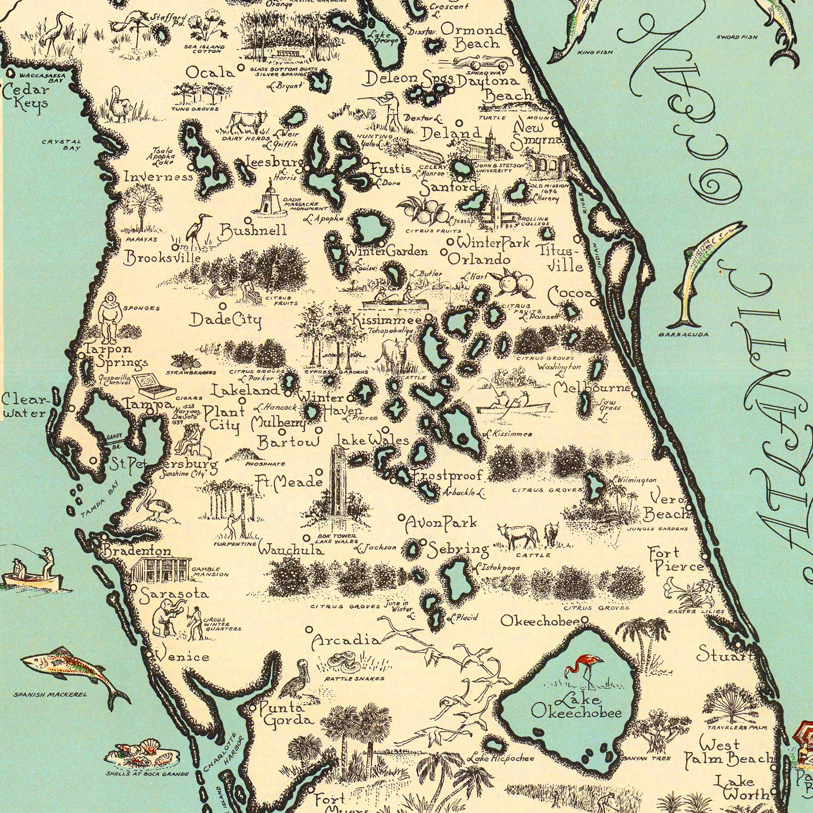 Vintage Map of Florida Florida Pictorial Map Vintage Map Etsy