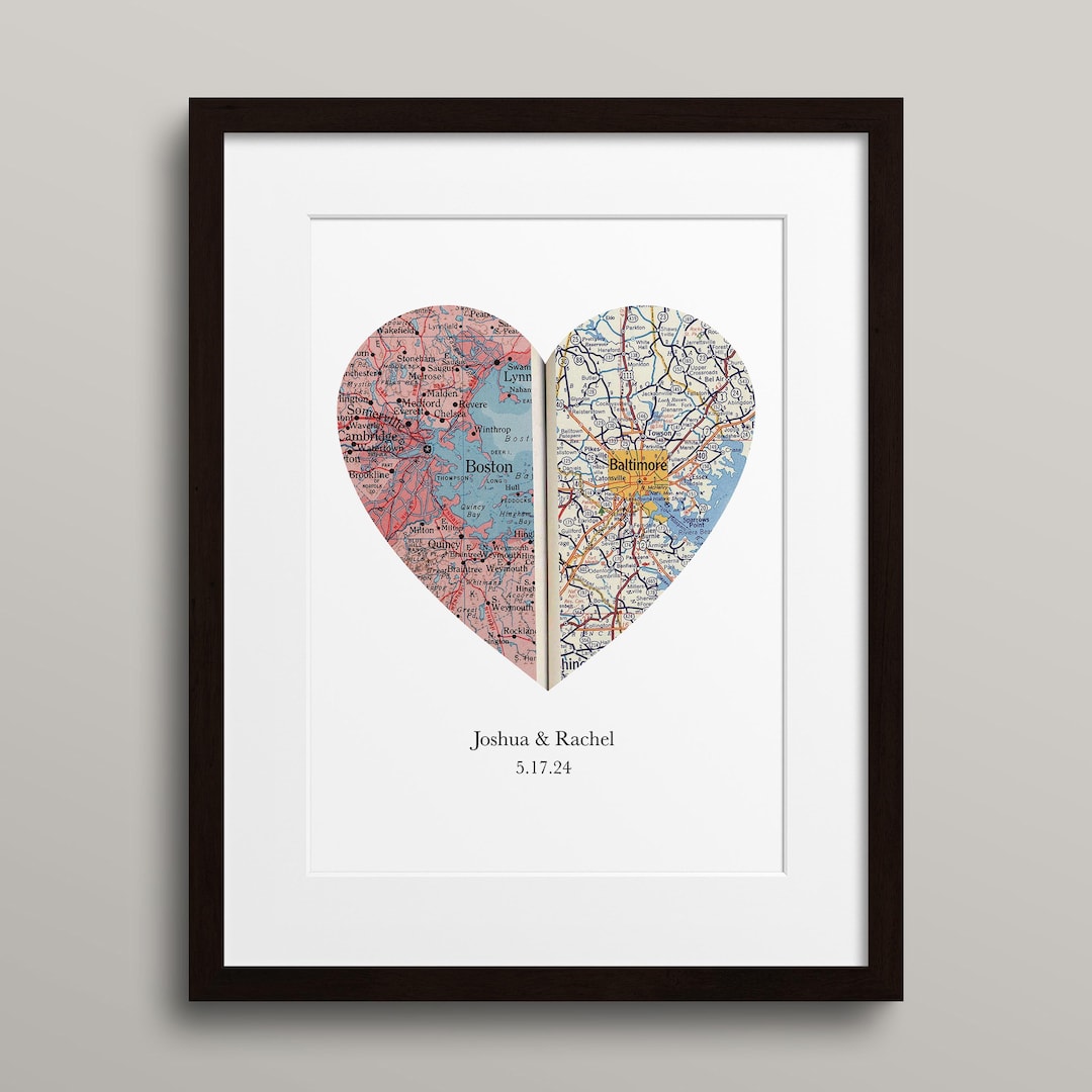Decoupaged Heart Map Custom Heart Map Print, Vintage Style (two Locations, Wood Frame) - Etsy
