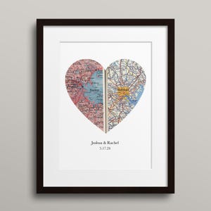 Custom Heart Map Print, Vintage Style (Two Locations, Wood Frame)