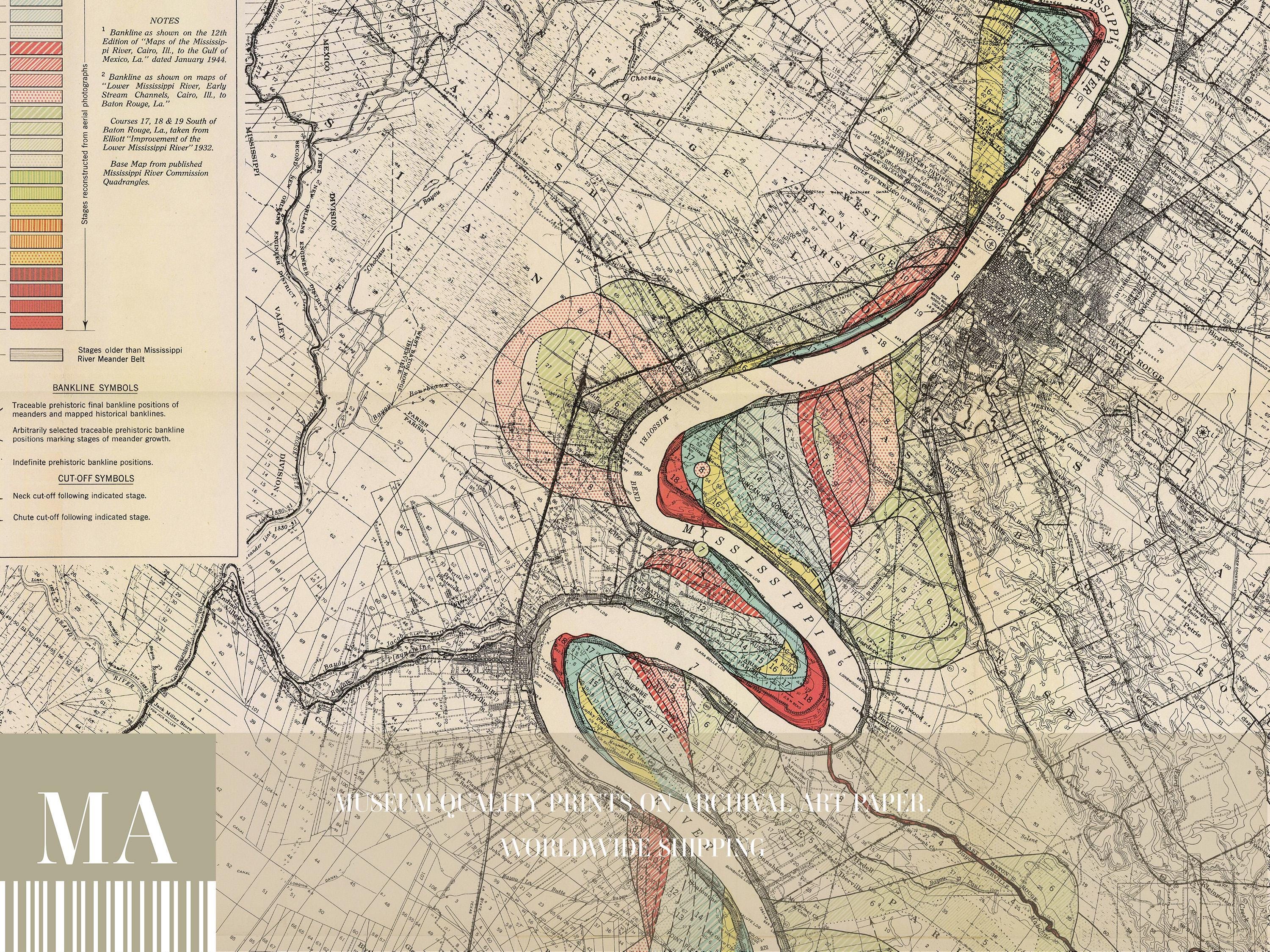 Vintage Mississippi River Map Print: Baton Rouge to New Orleans, Plate ...