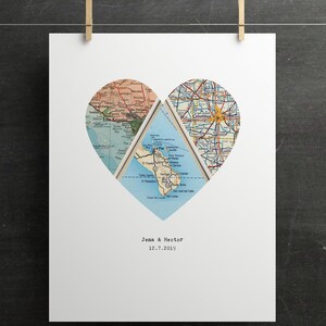 Custom Heart Map Art, Vintage Style (Three Locations, Personalized) image 6