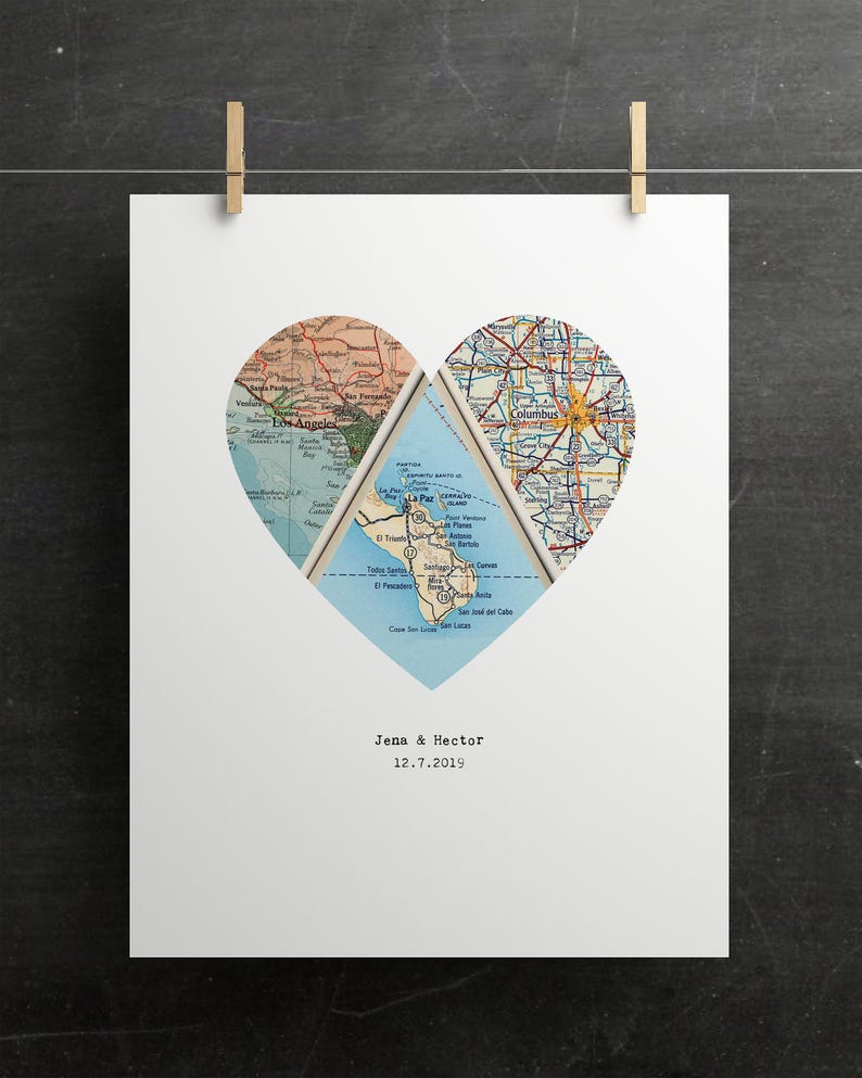 Custom Heart Map Art, Vintage Style (Three Locations, Personalized) image 6
