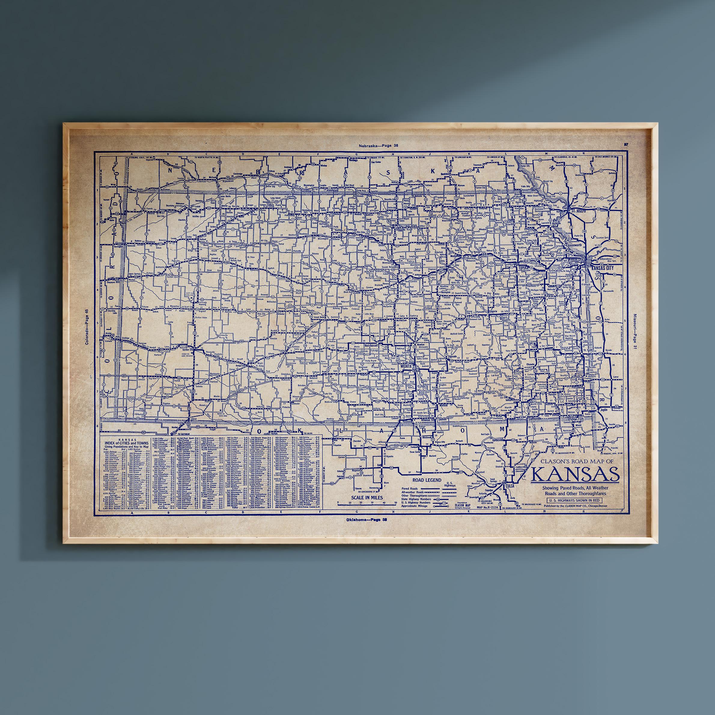 Vintage Kansas Map Print, Blueprint Style (1930s Roads and Highways) - Etsy