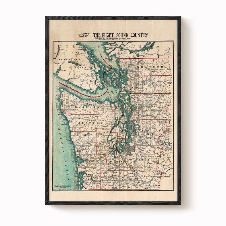 ピュージェット湾地図プリント：1910年頃のヴィンテージアート作品 画像 1