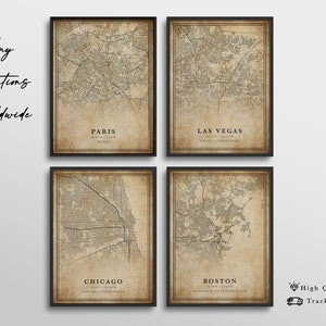 Cartes de ville personnalisées, ensemble de quatre cartes personnalisées, impression de carte sur toile, cartes de style vintage, cartes rétro, carte vintage de la ville, carte routière personnalisée de la ville