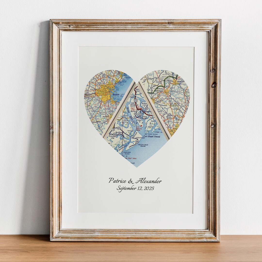 Custom Heart Map Custom Heart Map Art Print: Vintage Maps of Three Locations - Etsy