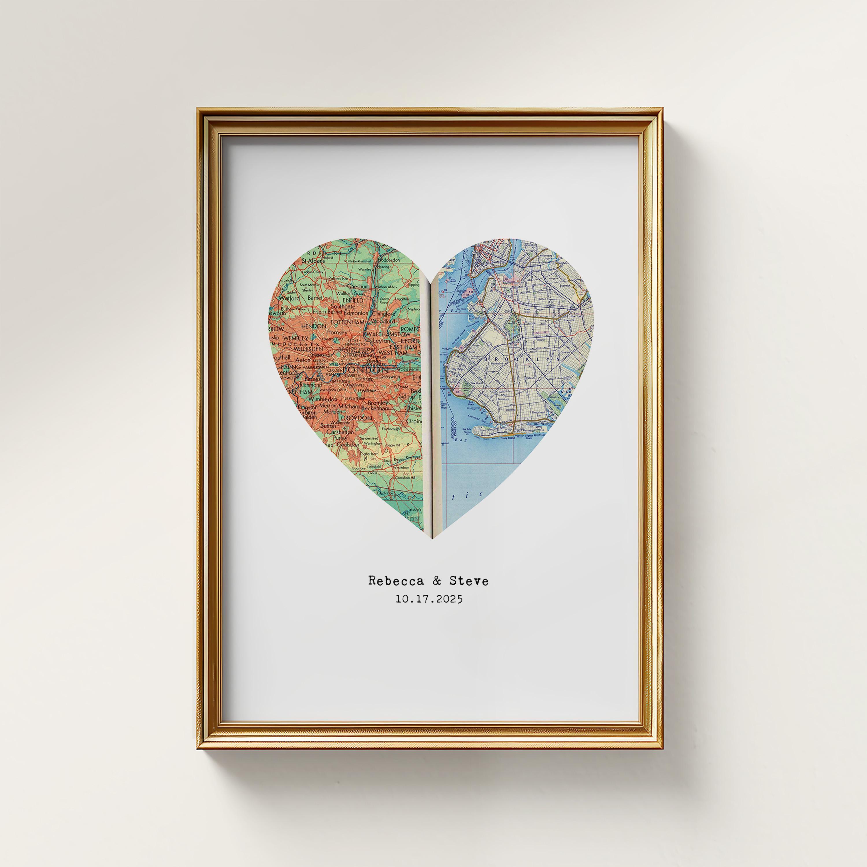 Custom Heart Map Personalized Heart Map Print - Vintage Style With Two Custom Places - Etsy