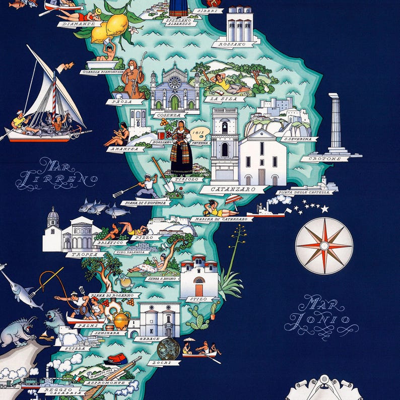 Mapa Kalabrii w stylu vintage, Włochy w wersji ilustrowanej (8x10 lub 16x20 cali) zdjęcie 7