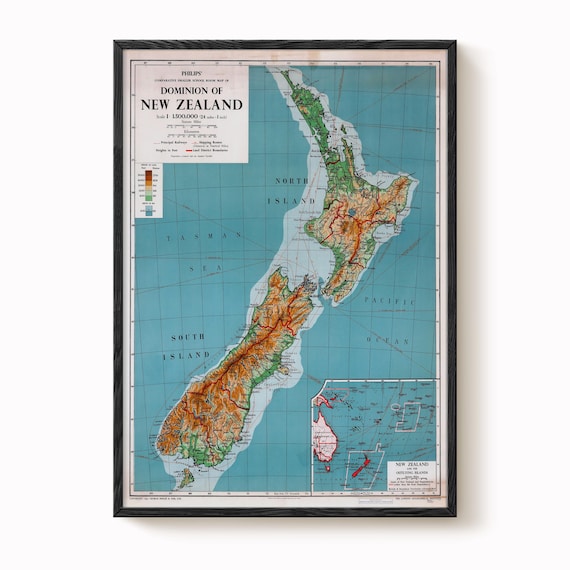 Vintage New Zealand Map Print - 1951 Retro Wall Art