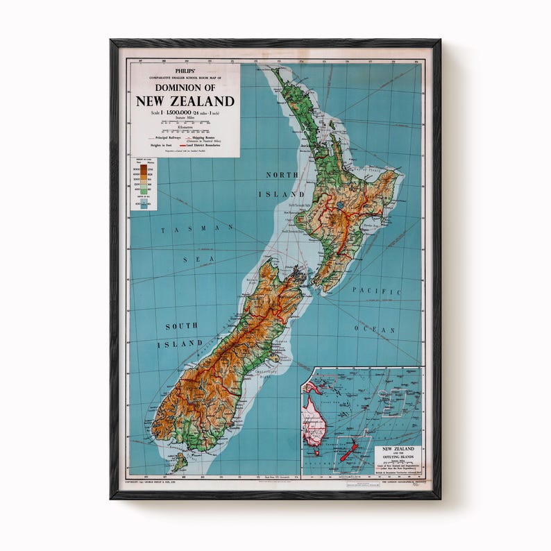 Vintage New Zealand Map Print - 1951 Retro Wall Art image 1