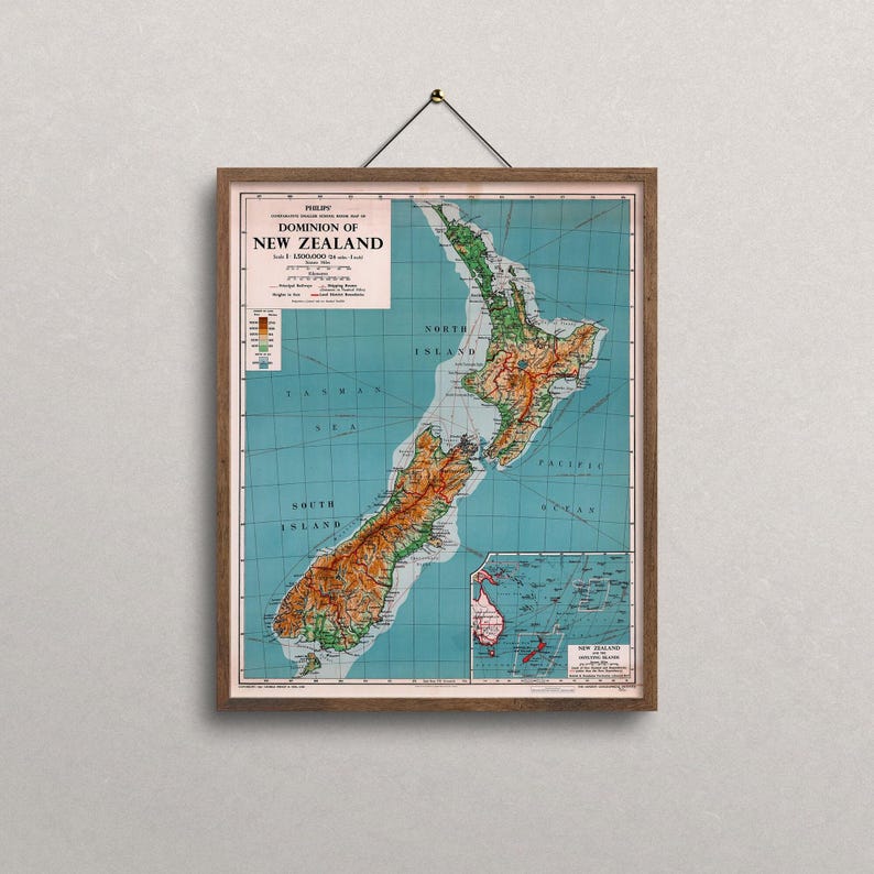 Vintage New Zealand Map Print - 1951 Retro Wall Art image 2