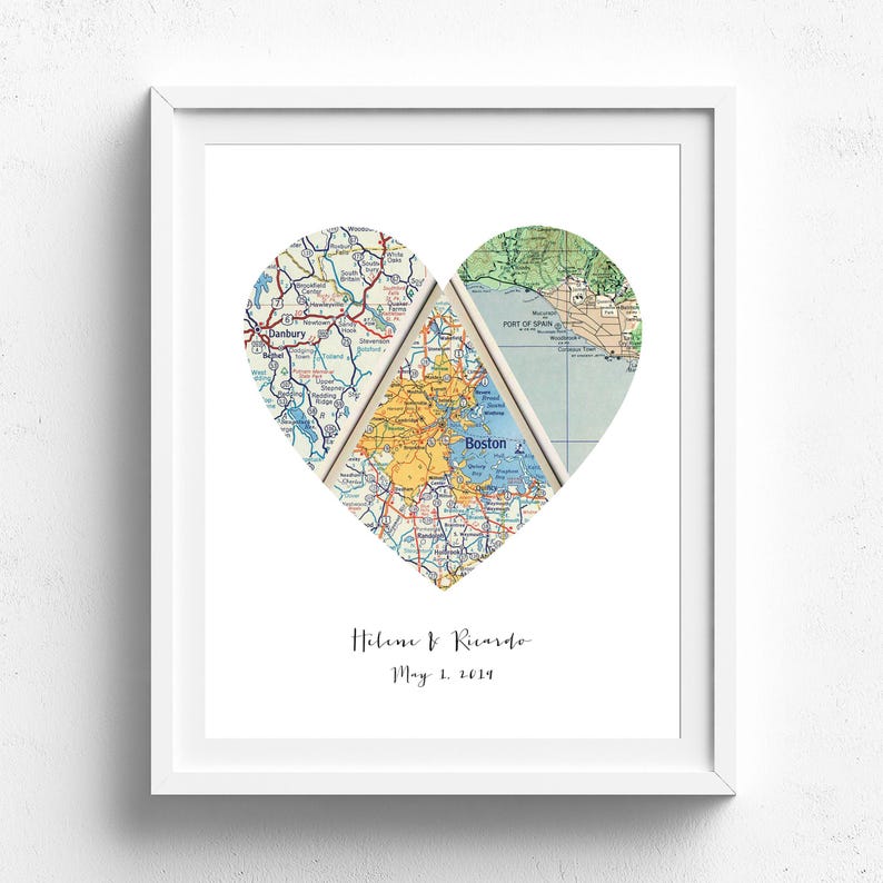 Custom Heart Map Art, Vintage Style (Three Locations, Personalized) image 5