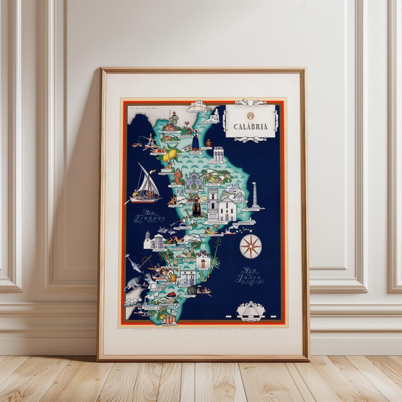 Mapa Kalabrii w stylu vintage, Włochy w wersji ilustrowanej (8x10 lub 16x20 cali) zdjęcie 12