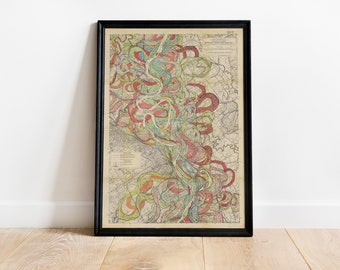 Mississippi meander map, geological vintage map, Harold Fisk map, river map, meander belt, geological map, vintage geology, old art map
