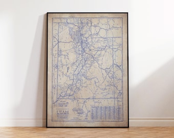 Vintage Utah-kartaposter - Väggkonst i ritningsstil från 1930-talet