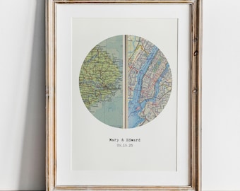 Personalized Circle Map Print, Vintage Style (Two Locations, Custom Text)