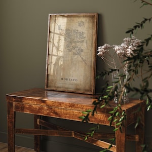 May include: A framed map print of Modesto, California, in a vintage style. The map is in shades of brown and beige, with the city's layout and streets visible. The frame is made of dark wood. The print is displayed on a wooden table.