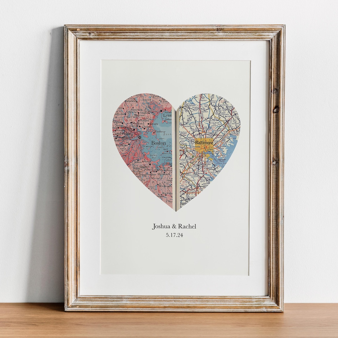 Custom Heart Map Personalized Heart Map Print: Custom Two Location Vintage Maps - Etsy