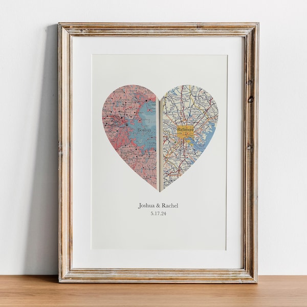 Personalized Heart Map Print: Custom Two Location Vintage Maps