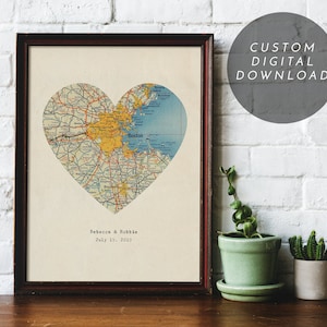 Printable custom map, Heart map print, custom printable gift, digital download map, Map art, vintage map, Paper Anniversary, custom Map Art,
