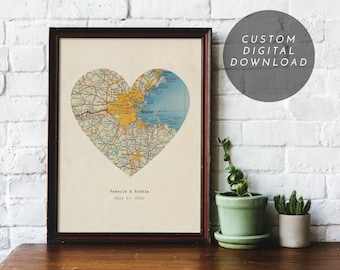 Printable custom map, Heart map print, custom printable gift, digital download map, Map art, vintage map, Paper Anniversary, custom Map Art,
