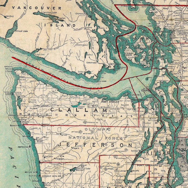 ピュージェット湾地図プリント：1910年頃のヴィンテージアート作品 画像 9