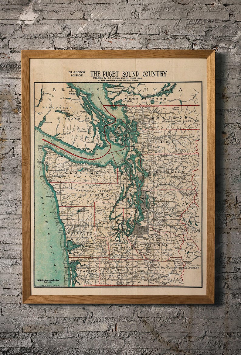 ピュージェット湾地図プリント：1910年頃のヴィンテージアート作品 画像 6