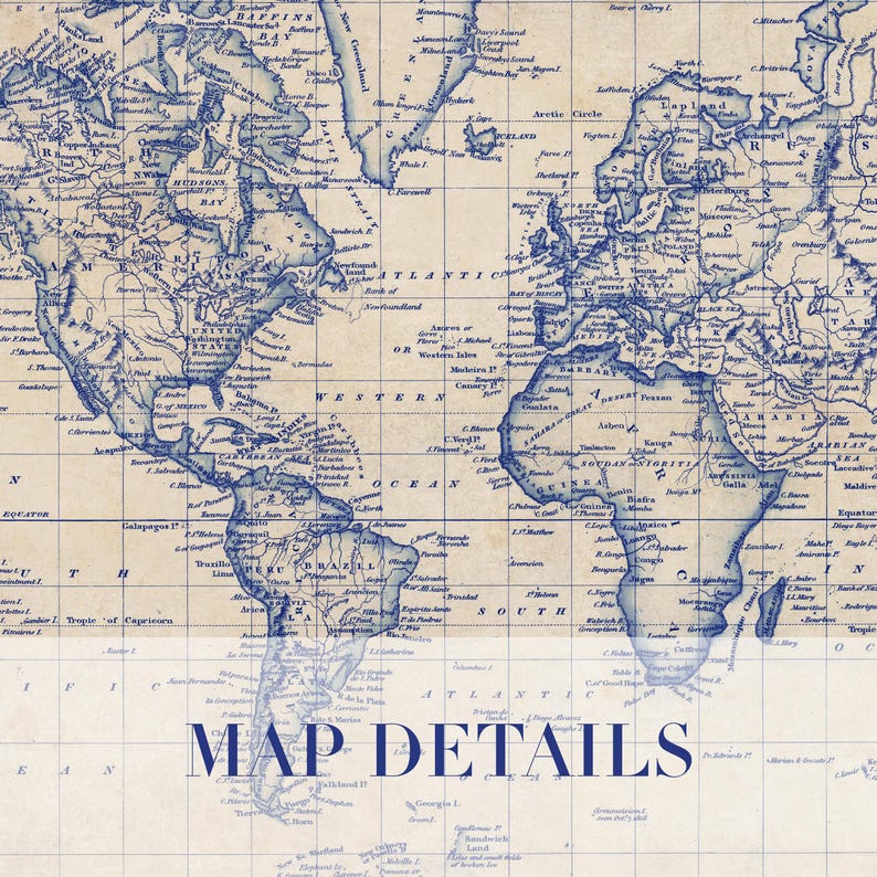 Vintage World Map Poster - Antique Blueprint Style Wall Print image 2