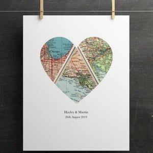 Custom Heart Map Art, Vintage Style (Three Locations, Personalized) image 10