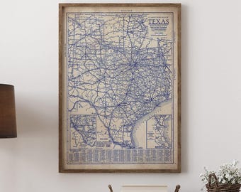 Vintage Texas Map Print, Blueprint Style (1930s Wall Art)