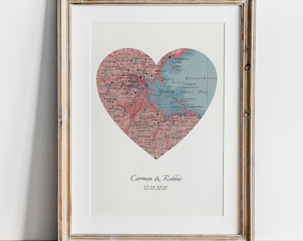 Vintage Heart Map Print, Personalized Location (Custom Text Options)