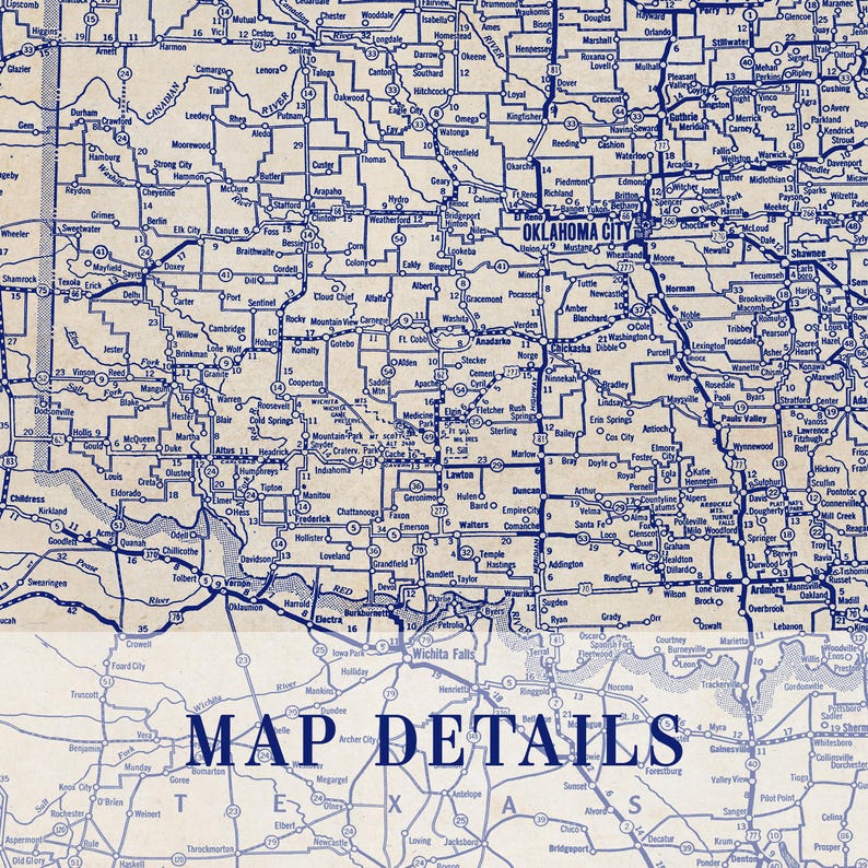 Oklahoma Map Poster: Vintage 1930s Blueprint - Historic Roads Detail image 2