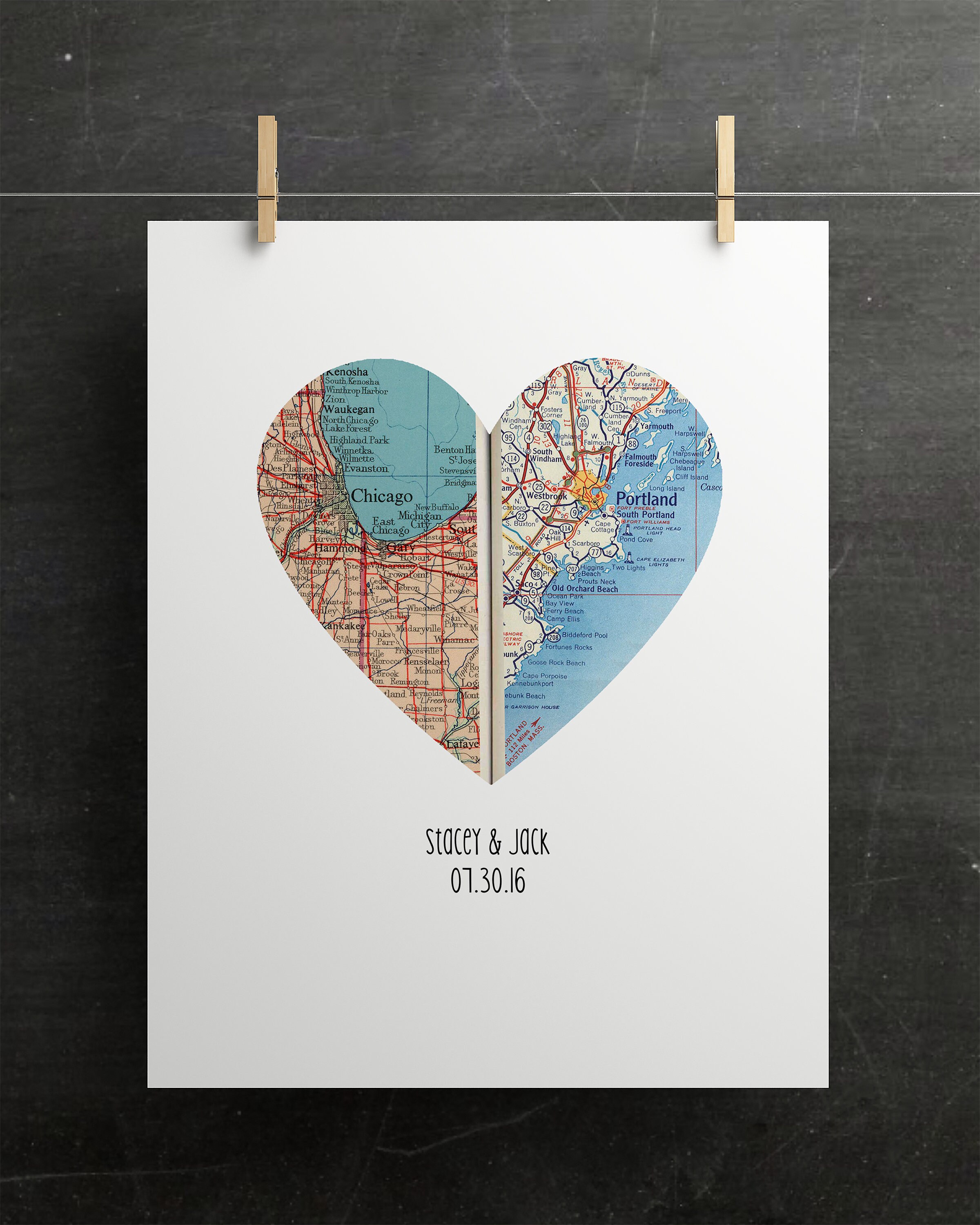 Decoupaged Heart Map Heart Map Print: Custom Two-location Design (digital File) - Etsy