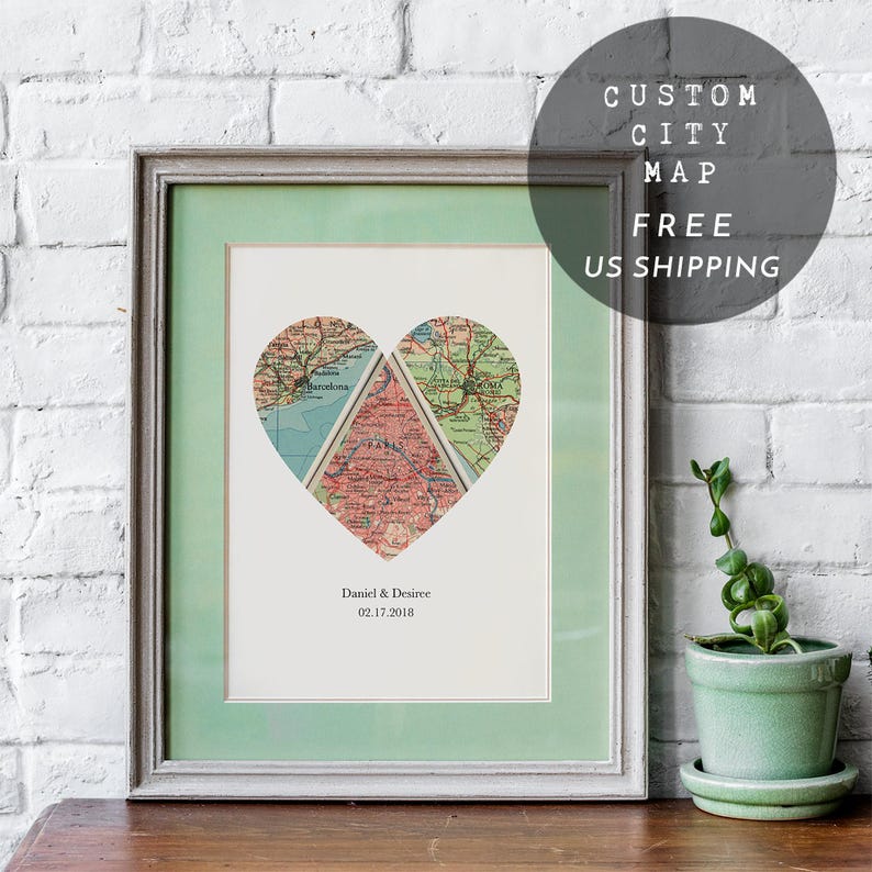 Custom Heart Map Art, Vintage Style (Three Locations, Personalized) image 3