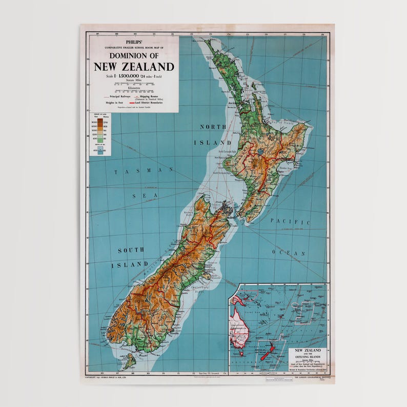 Vintage New Zealand Map Print - 1951 Retro Wall Art image 15