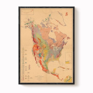 Puede incluir: Mapa vintage enmarcado de América del Norte, que muestra una representación geológica detallada. El mapa utiliza varios colores para distinguir las regiones, con una clave en el lado izquierdo. El mapa está encerrado en un marco negro.
