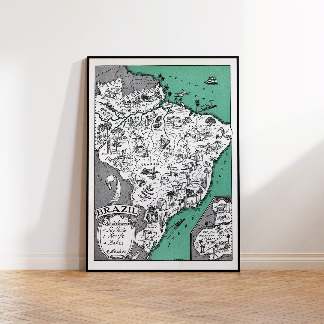 Brazil Art Print, Vintage Brazil Map, Brazil Wall Art, Vintage Brazil Map, Kids Map, Map Poster ...