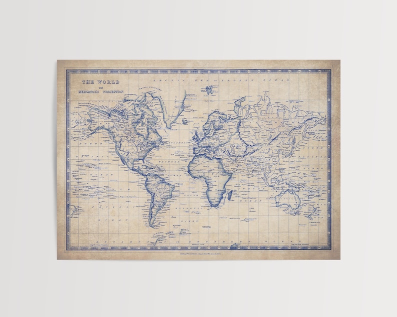 Vintage World Map Poster - Antique Blueprint Style Wall Print image 3