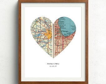 Personalized map, Heart map print, Anniversary gift, Map print, Custom wedding gift, Paper Anniversary, Map Art, Engagement gift