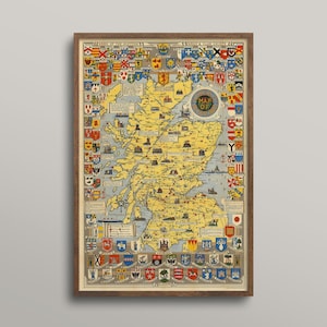 May include: Framed vintage map of Scotland, featuring a yellow and blue color scheme. The map is surrounded by colorful heraldic crests and a circular emblem. The wooden frame adds a classic touch to the artwork.