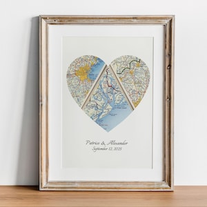 Custom Heart Map Art, Vintage Style (Three Locations, Personalized)