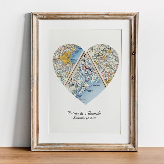 Custom Heart Map Art, Vintage Style (Three Locations, Personalized)
