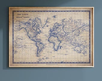 May include: Framed vintage world map in blue ink on a tan background. The map is labeled "THE WORLD" and "MERCATOR'S PROJECTION". The map is enclosed in a light brown wooden frame. The map shows continents, countries, and oceans.