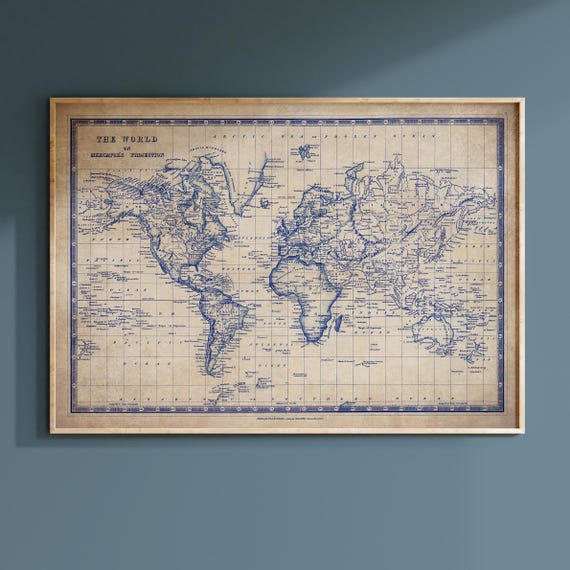Vintage World Map Poster - Antique Blueprint Style Wall Print